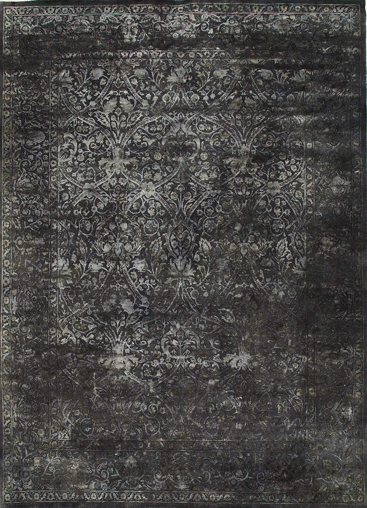 far east grey and black wool and silk Hand Knotted Rug - HeadShot