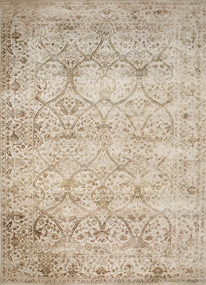  beige and brown wool and silk Hand Knotted Rug