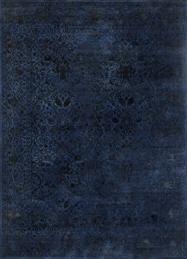 far east blue wool and silk Hand Knotted Rug - HeadShot