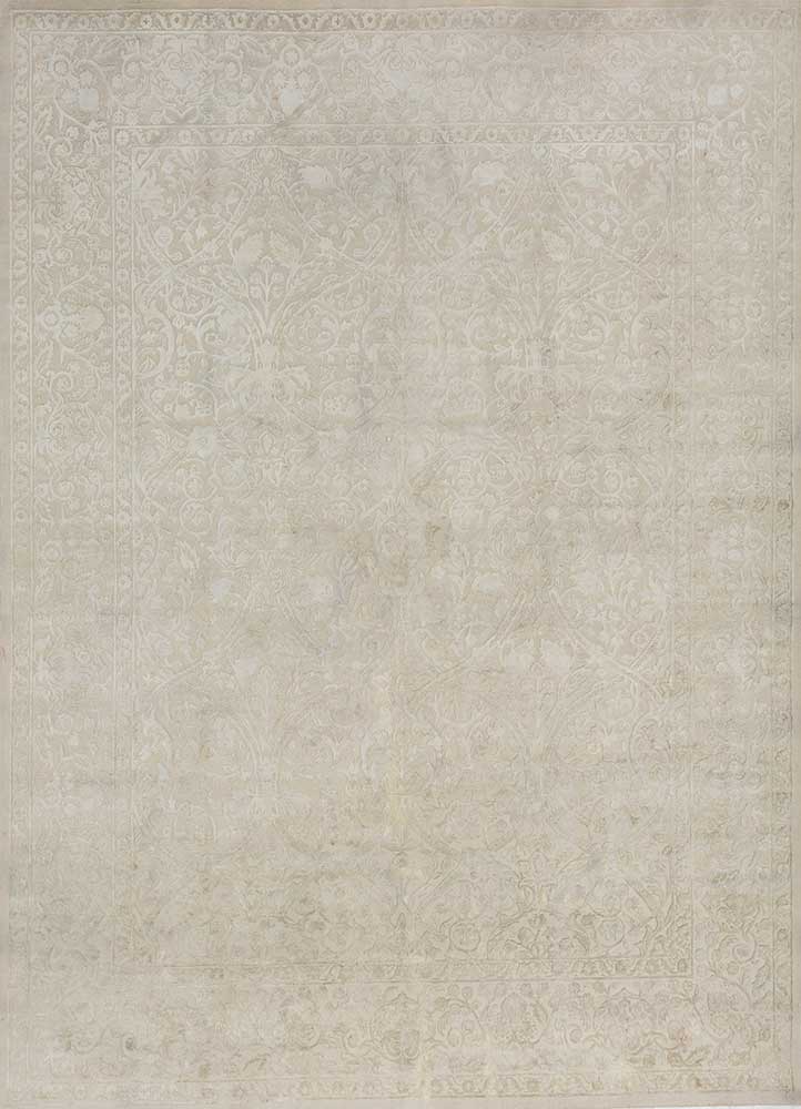 far east ivory wool and silk Hand Knotted Rug - HeadShot