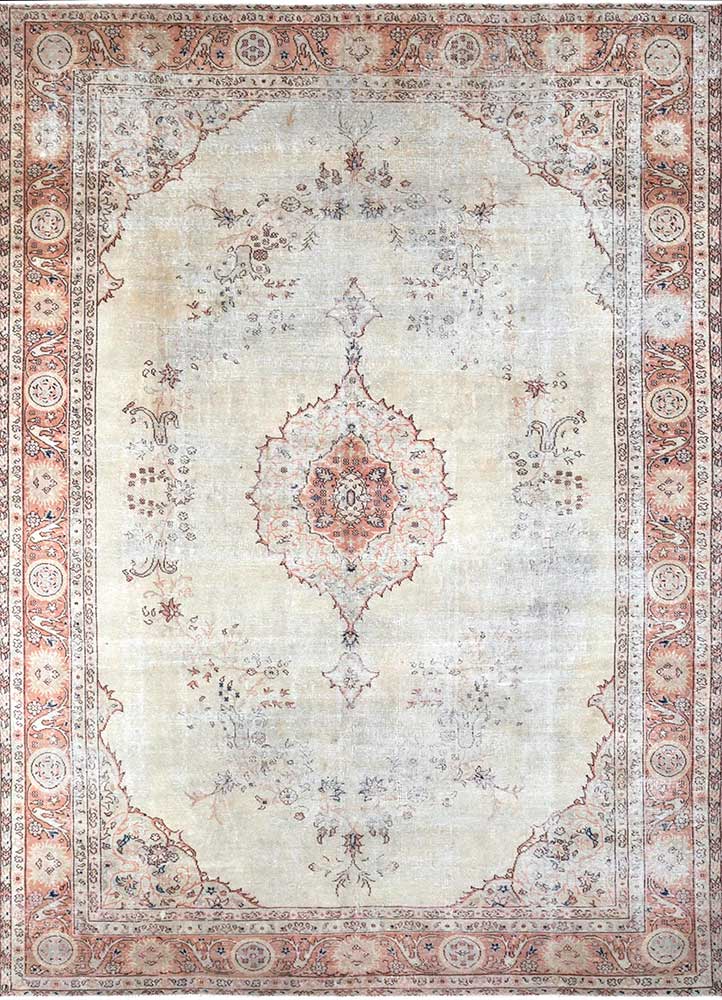 vintage beige and brown wool Hand Knotted Rug - HeadShot