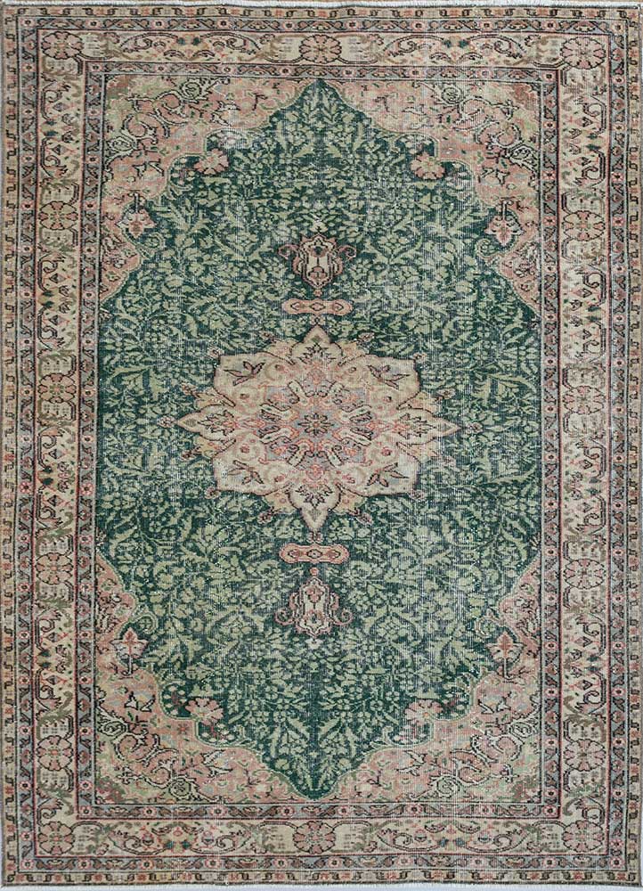 vintage green wool Hand Knotted Rug - HeadShot