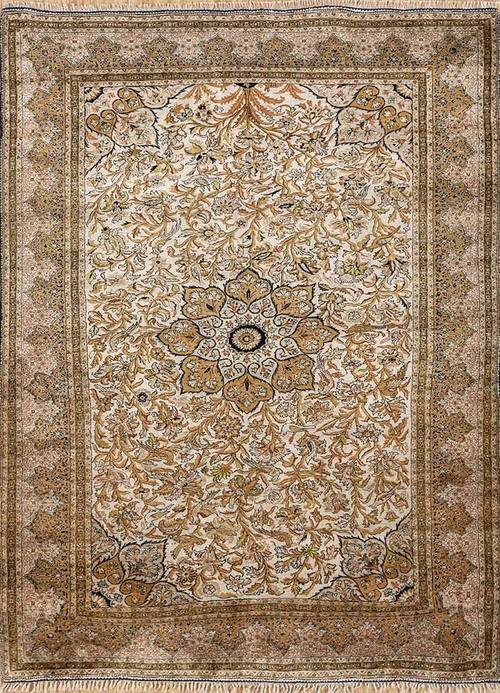 gulmarg beige and brown silk Hand Knotted Rug - HeadShot