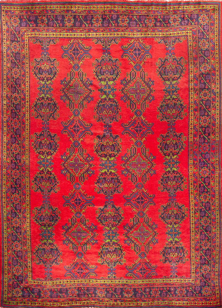 Oushak, Turkey (C.1910) red and orange wool Hand Knotted Rug