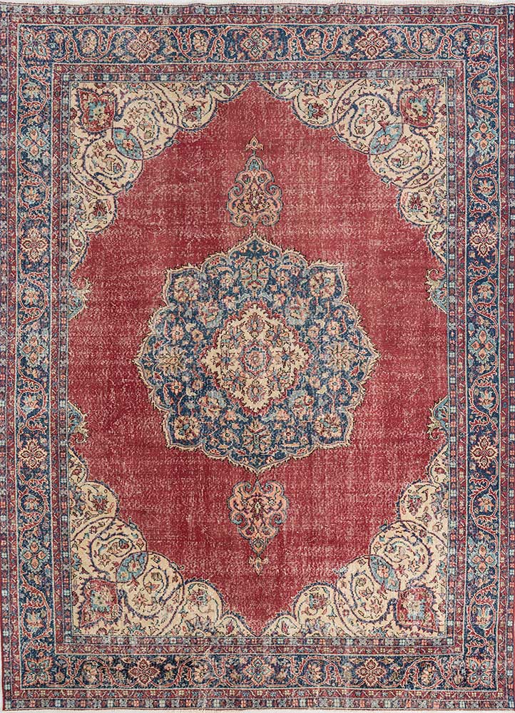 vintage red and orange wool Hand Knotted Rug - HeadShot