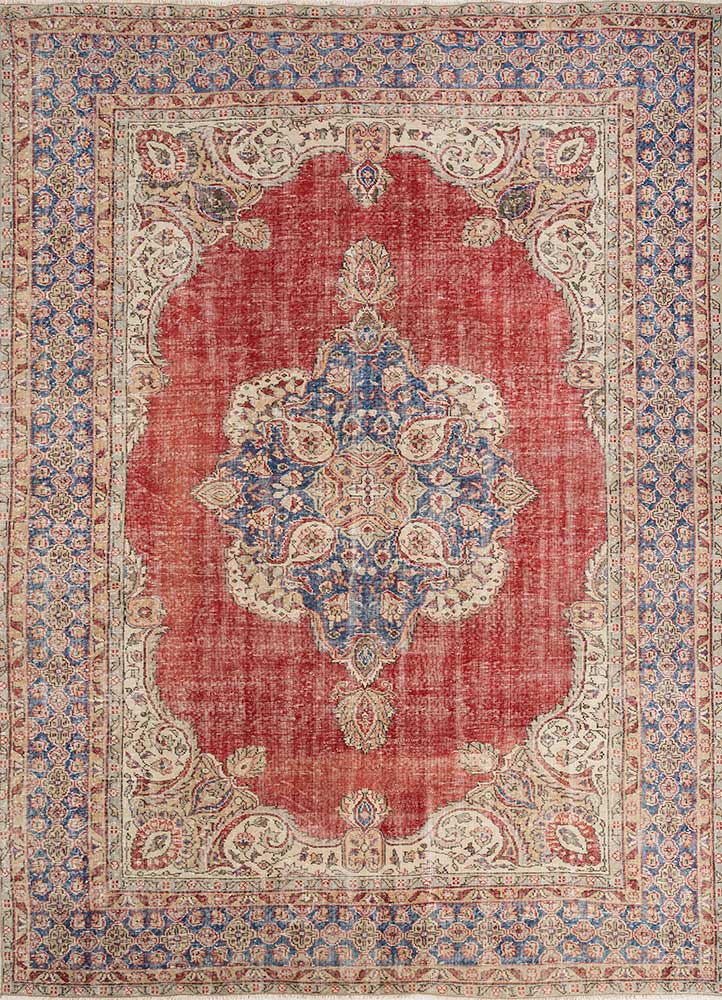 vintage red and orange wool Hand Knotted Rug - HeadShot