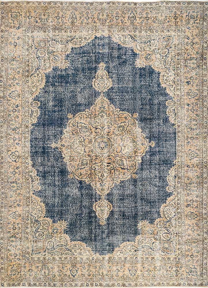 vintage blue wool Hand Knotted Rug - HeadShot