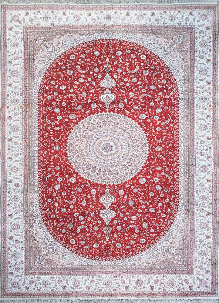 aalam red and orange silk Hand Knotted Rug - HeadShot