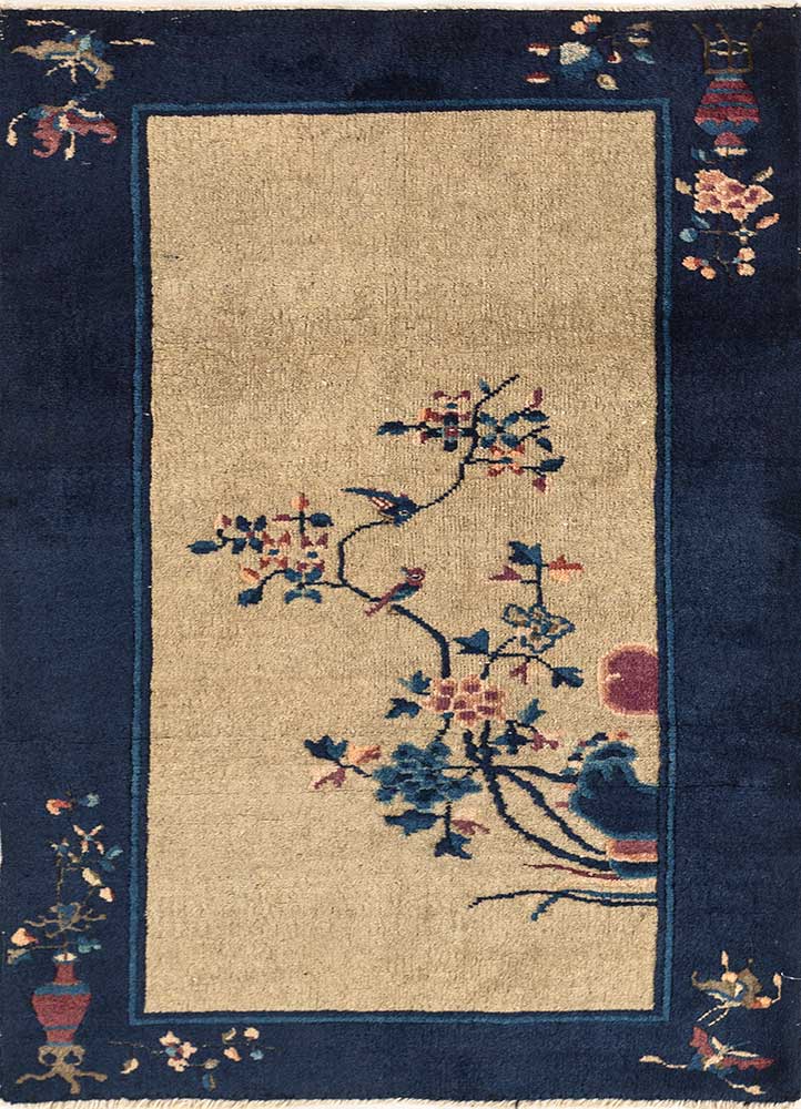 aalam beige and brown wool Hand Knotted Rug - HeadShot