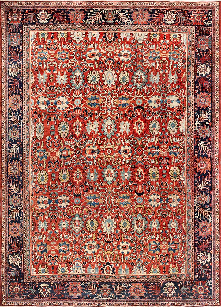 aalam red and orange wool Hand Knotted Rug - HeadShot