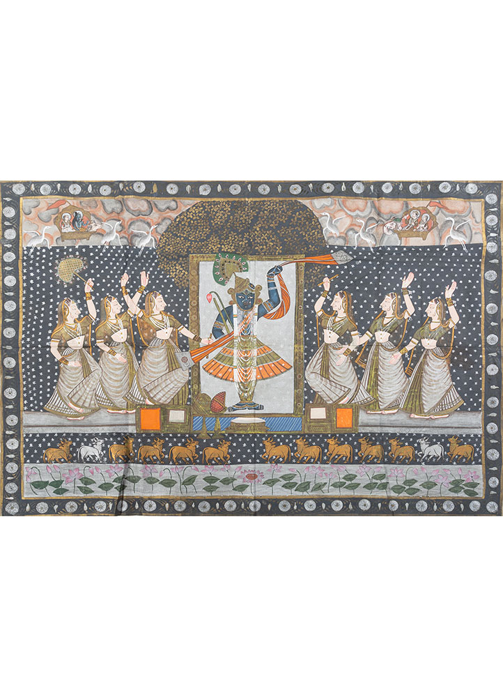 pichwai art grey and black cotton cloth ART WORK Rug - HeadShot