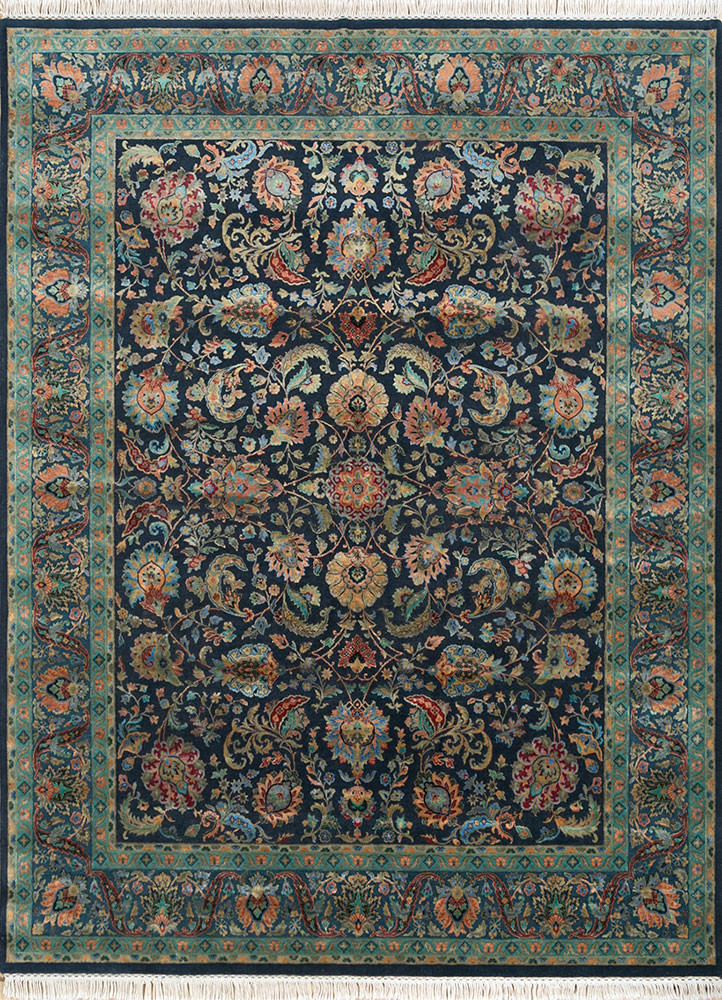  blue wool and silk Hand Knotted Rug