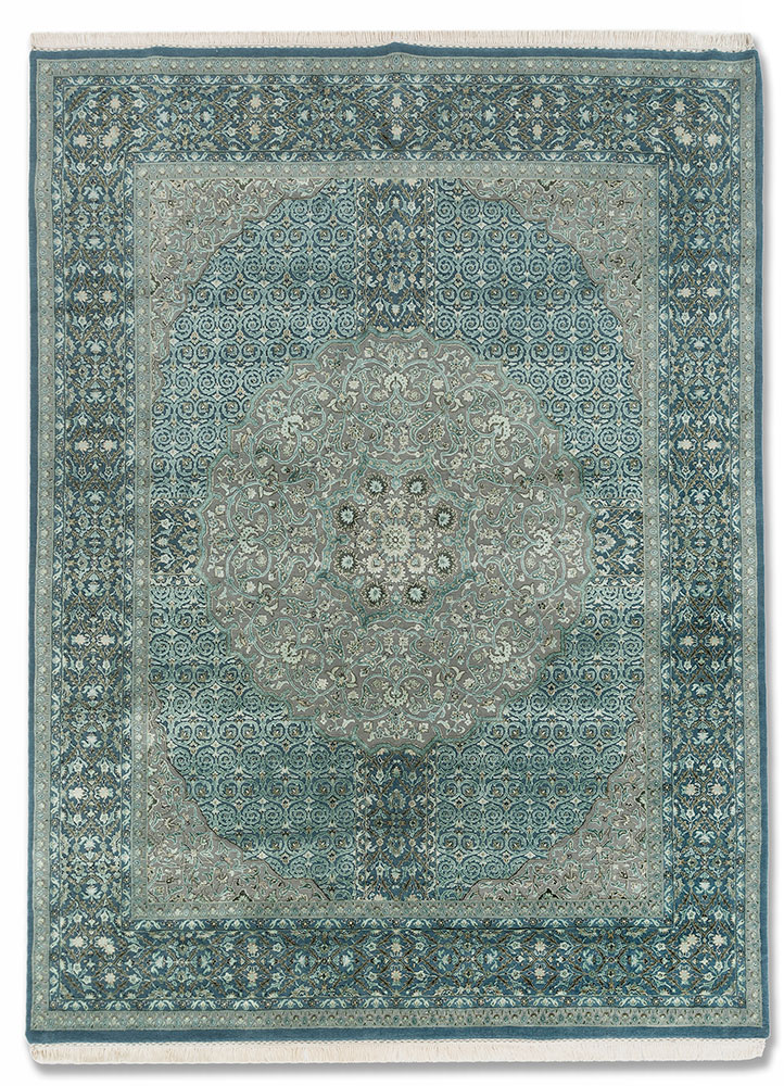 aprezo blue wool and silk Hand Knotted Rug - HeadShot