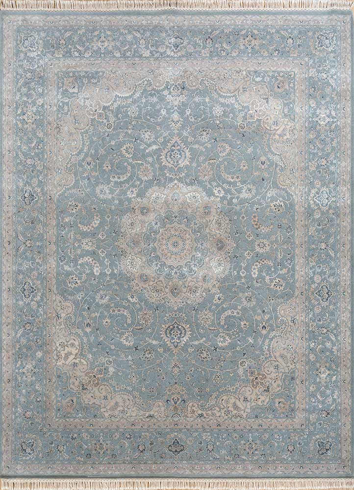  blue wool and silk Hand Knotted Rug