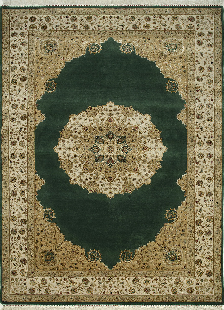  green wool and silk Hand Knotted Rug