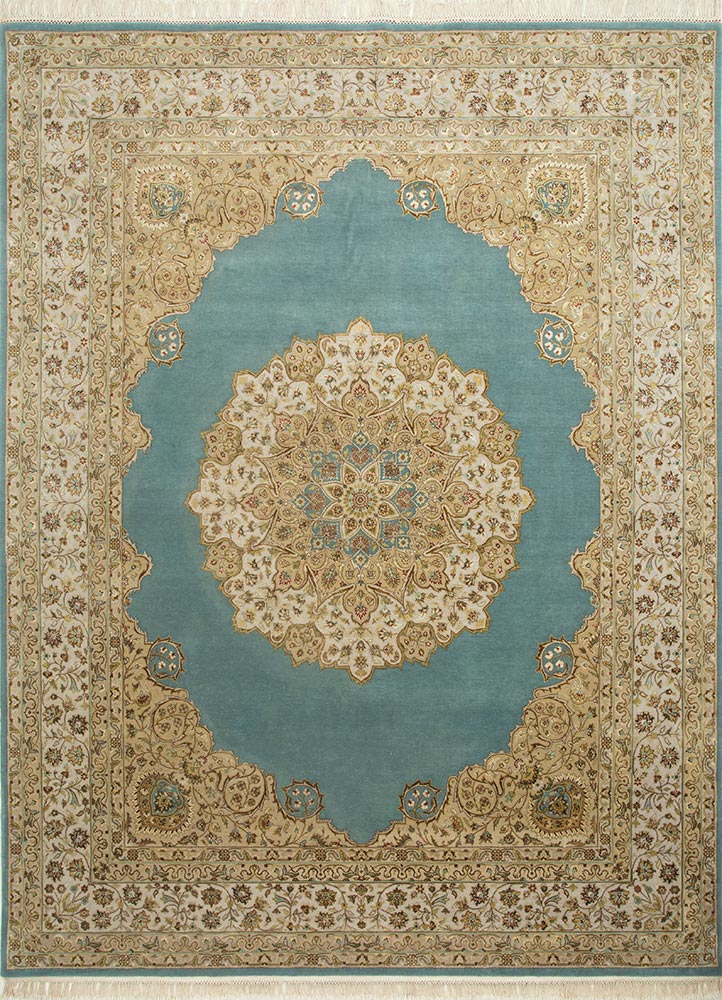  blue wool and silk Hand Knotted Rug