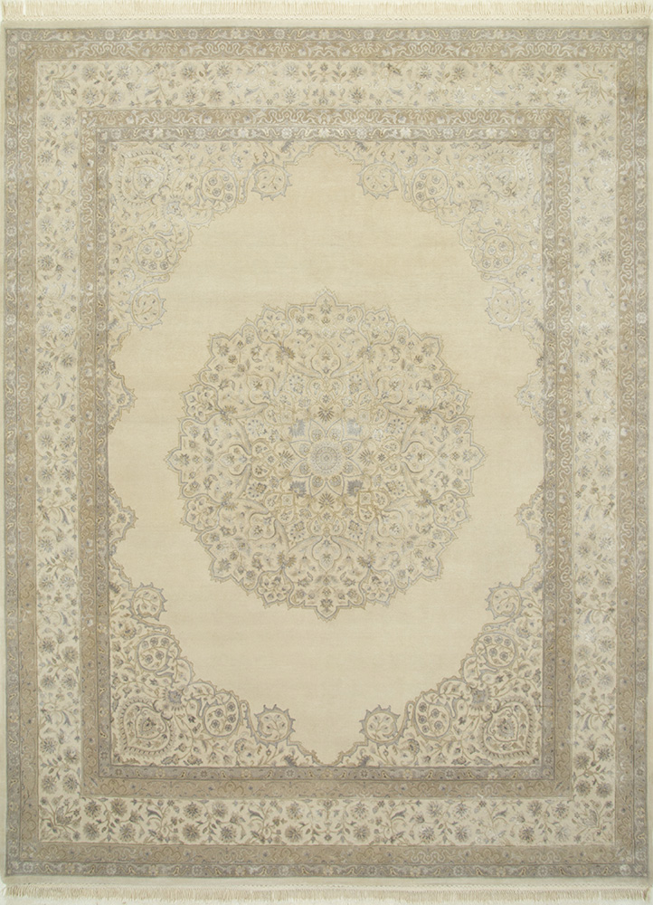  ivory wool and silk Hand Knotted Rug