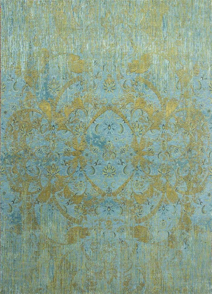 far east blue wool and silk Hand Knotted Rug - HeadShot