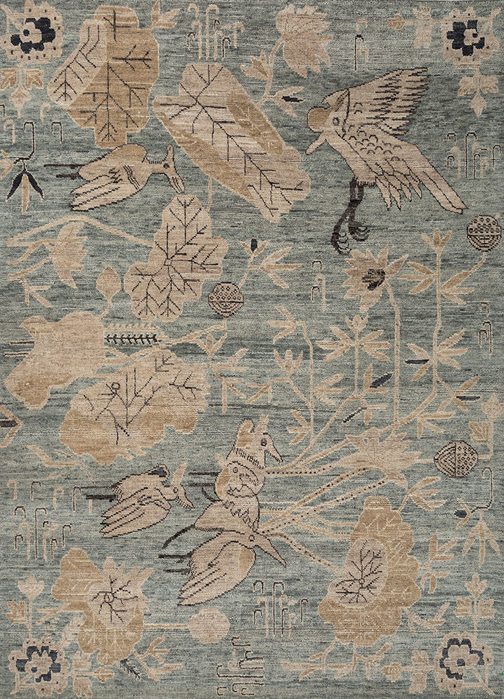  green wool Hand Knotted Rug