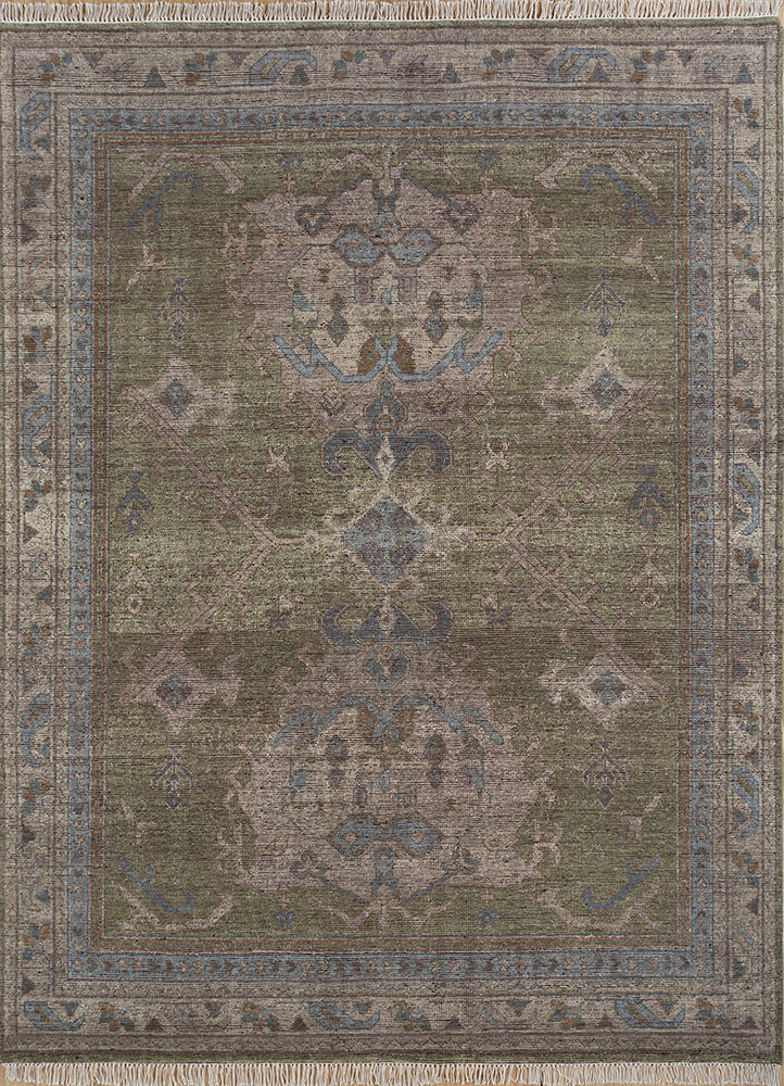  green wool Hand Knotted Rug