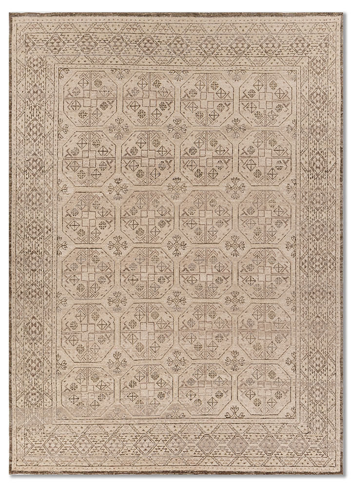  beige and brown wool Hand Knotted Rug