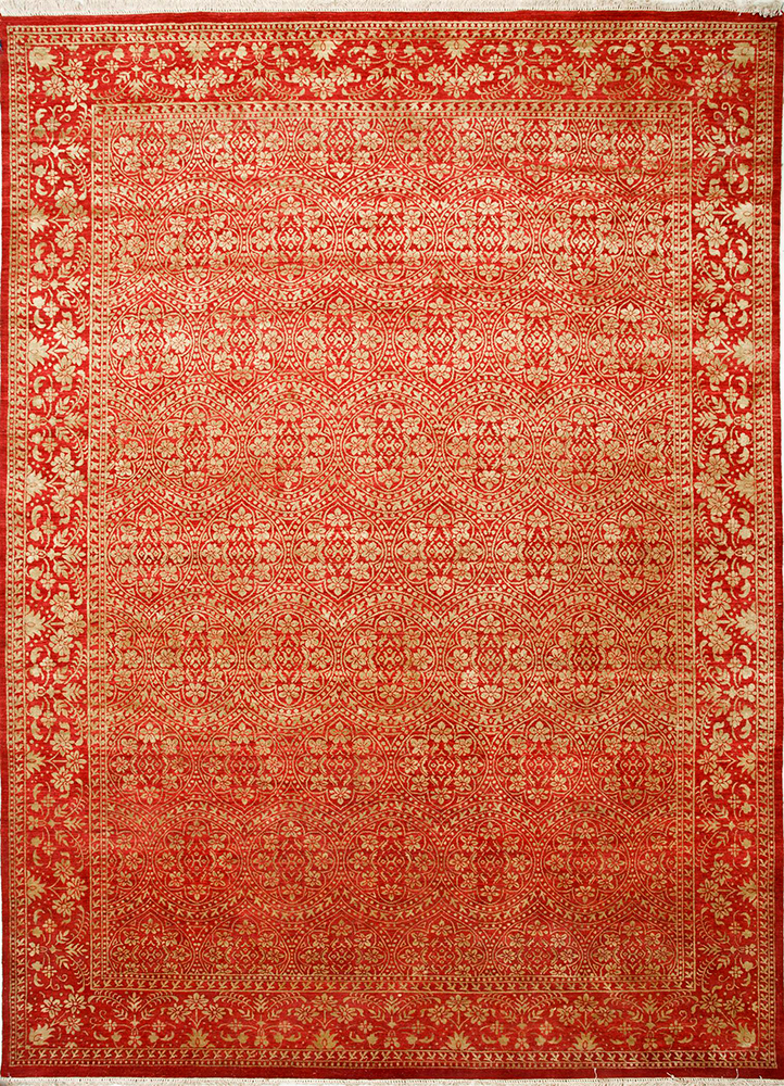 aurora red and orange wool and silk Hand Knotted Rug - HeadShot