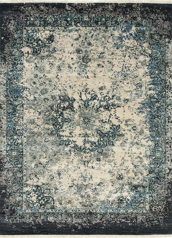  blue wool and silk Hand Knotted Rug