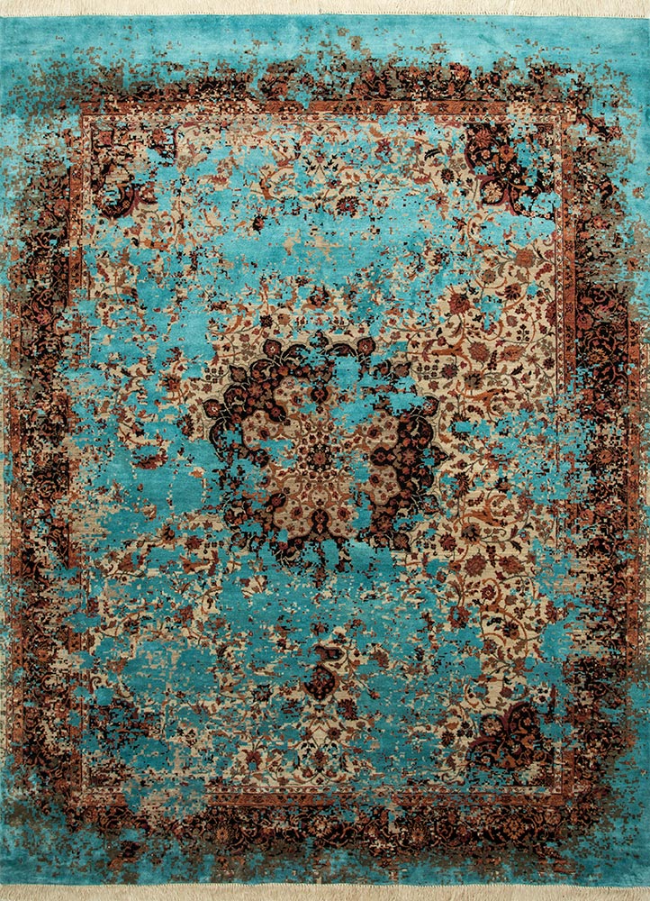  blue wool and silk Hand Knotted Rug