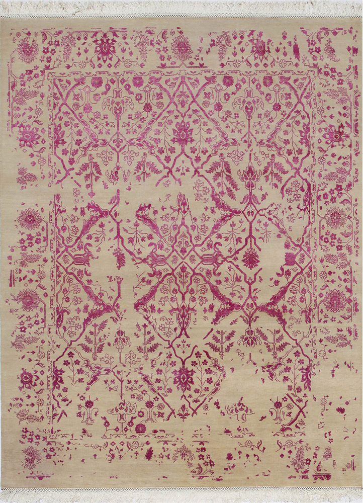 far east pink and purple wool and silk Hand Knotted Rug - HeadShot