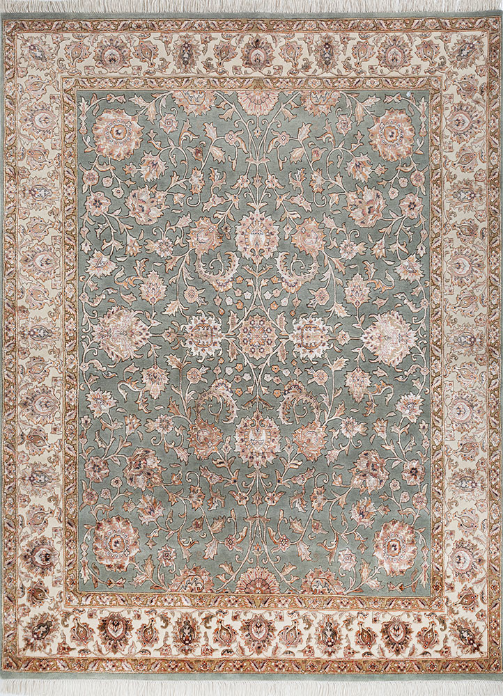  green wool and viscose Hand Knotted Rug