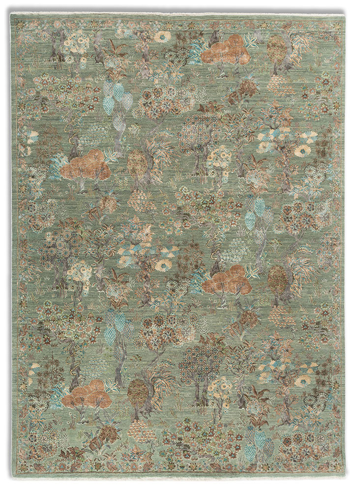  green wool and silk Hand Knotted Rug