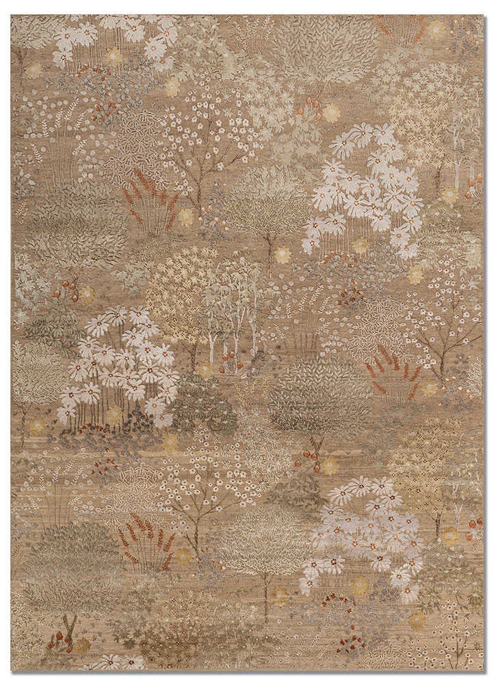  beige and brown wool and silk Hand Knotted Rug