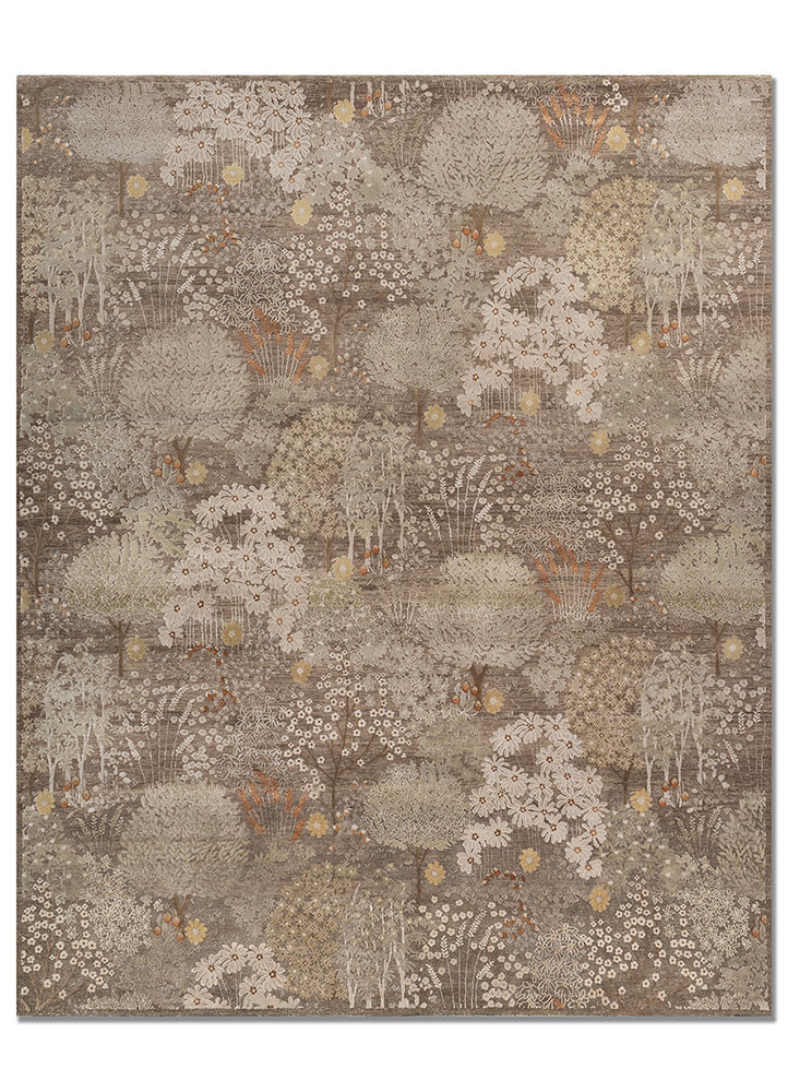  beige and brown wool and silk Hand Knotted Rug