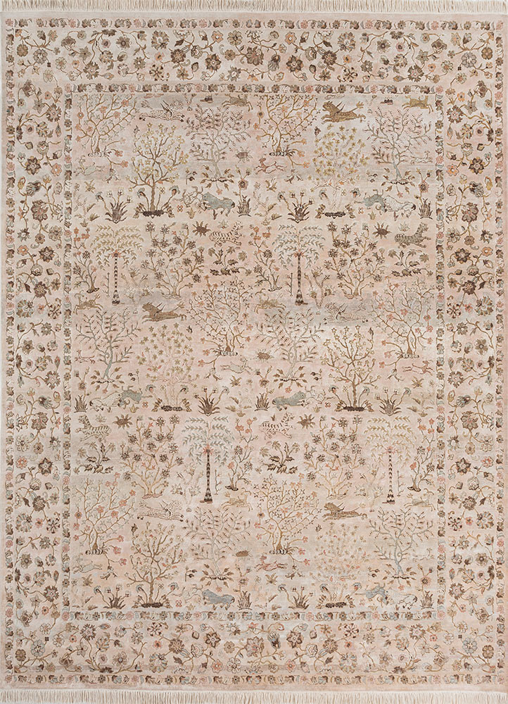  ivory wool and silk Hand Knotted Rug