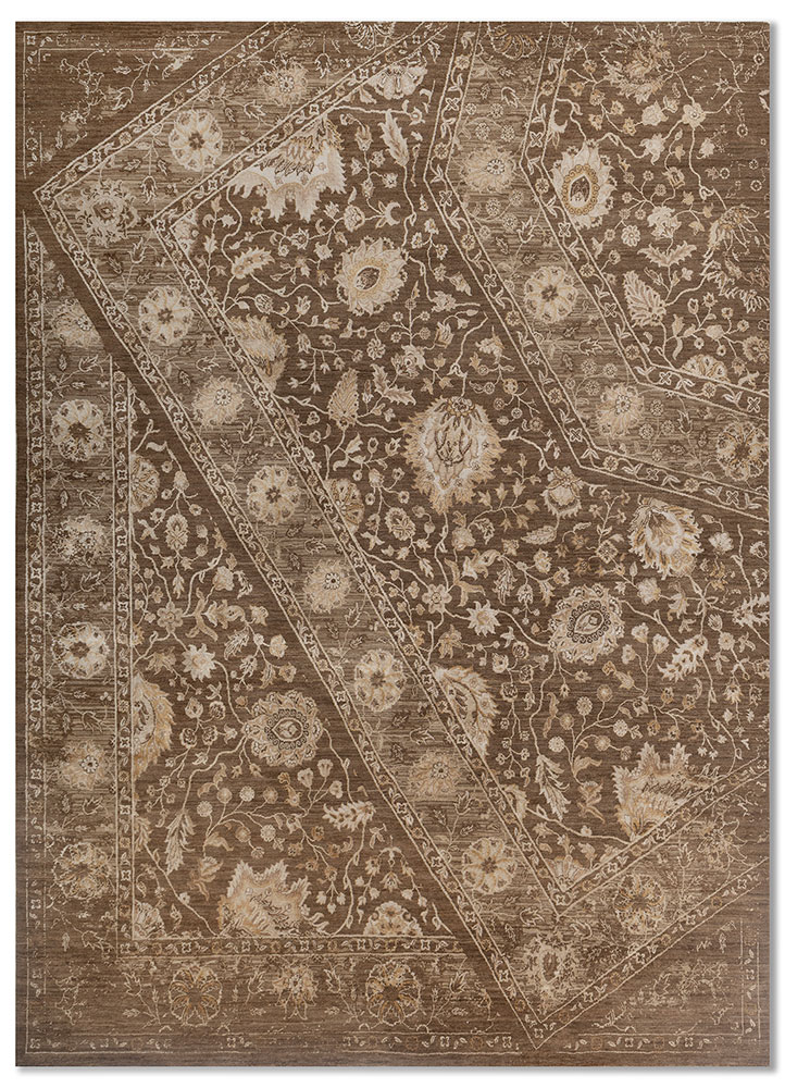 far east beige and brown wool and silk Hand Knotted Rug - HeadShot