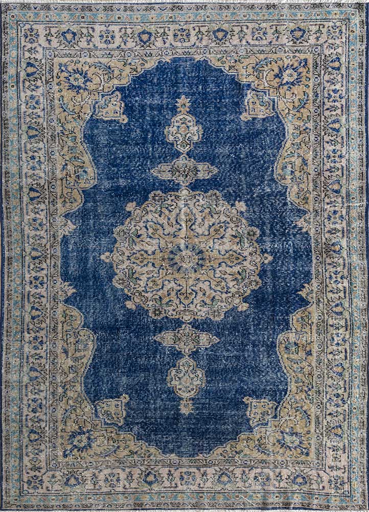 vintage blue wool Hand Knotted Rug - HeadShot