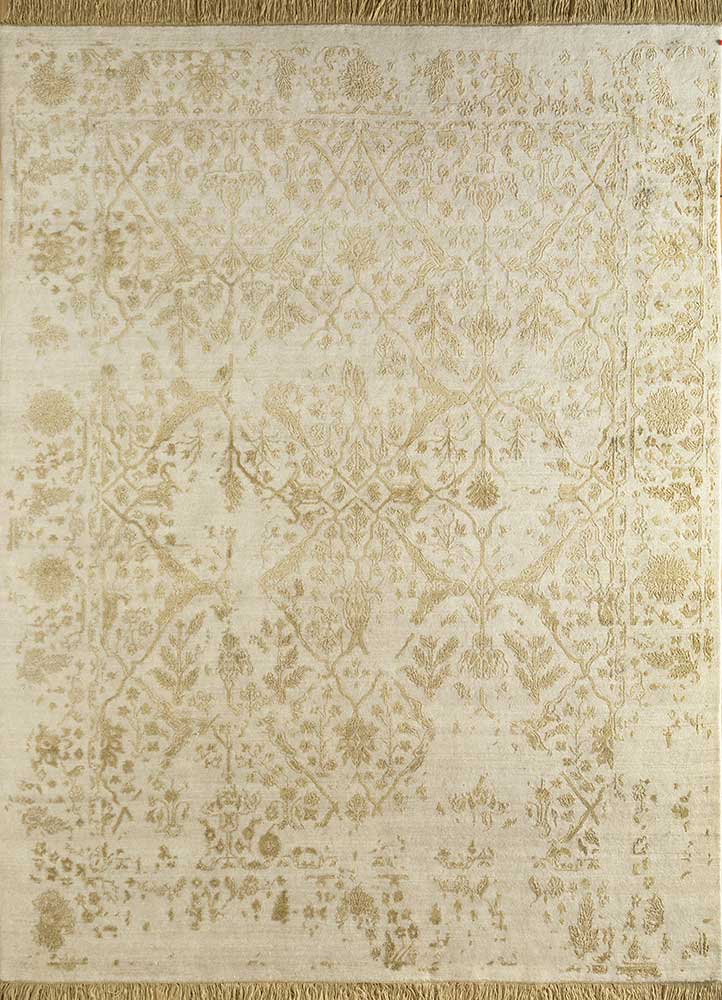  beige and brown wool and silk Hand Knotted Rug