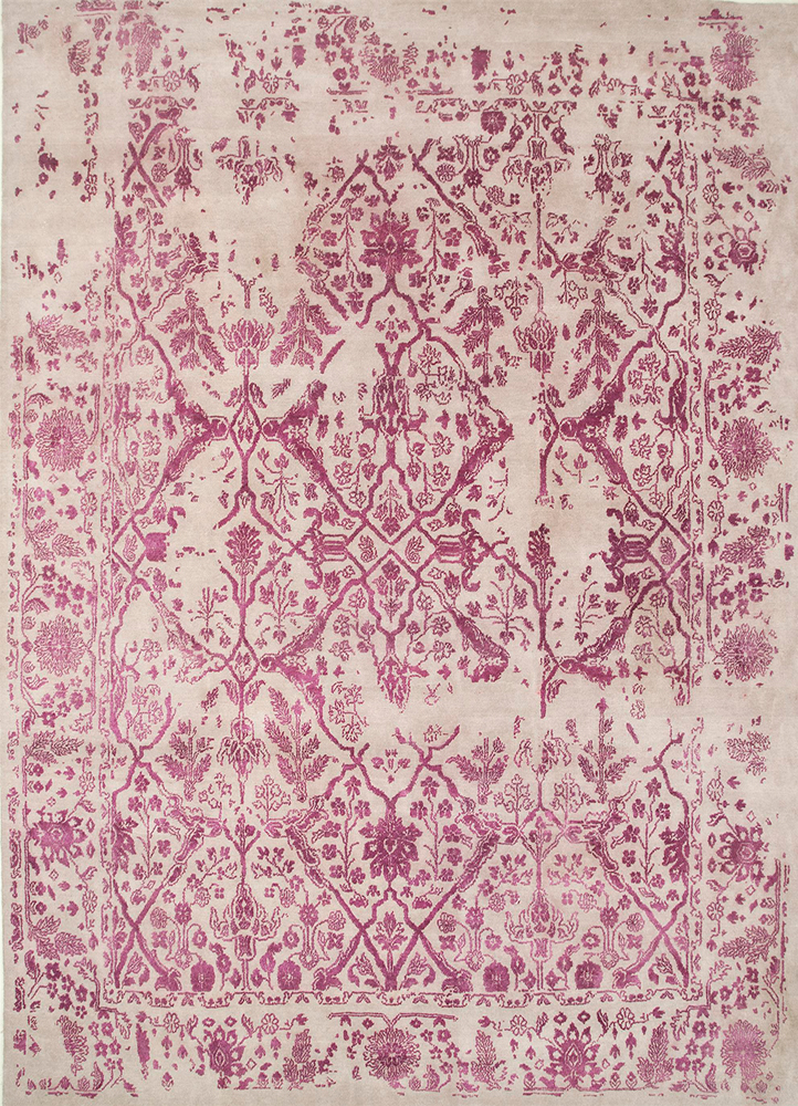 far east pink and purple wool and silk Hand Knotted Rug - HeadShot