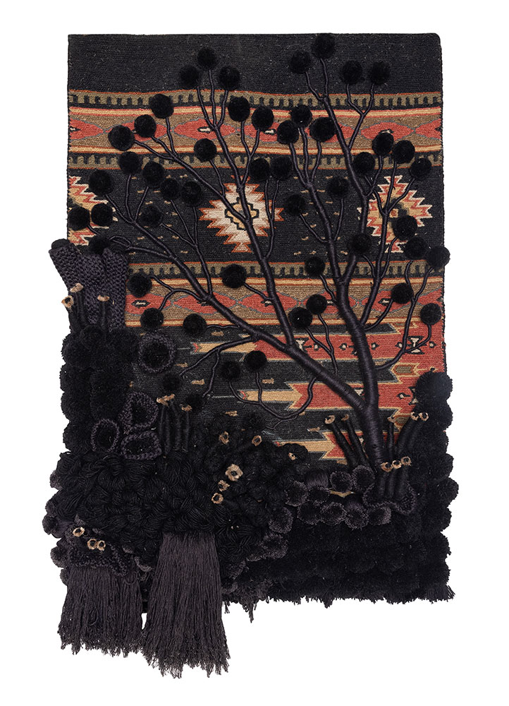 wall art grey and black wool and bamboo silk Wall Art Rug - HeadShot