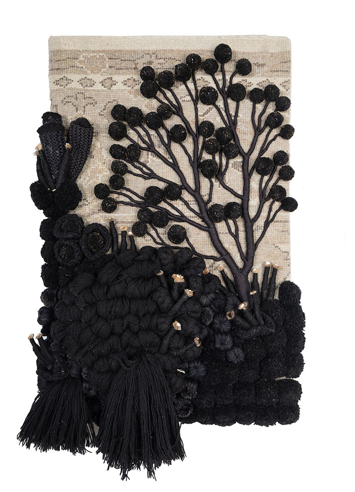 wall art grey and black wool and bamboo silk Wall Art Rug - HeadShot