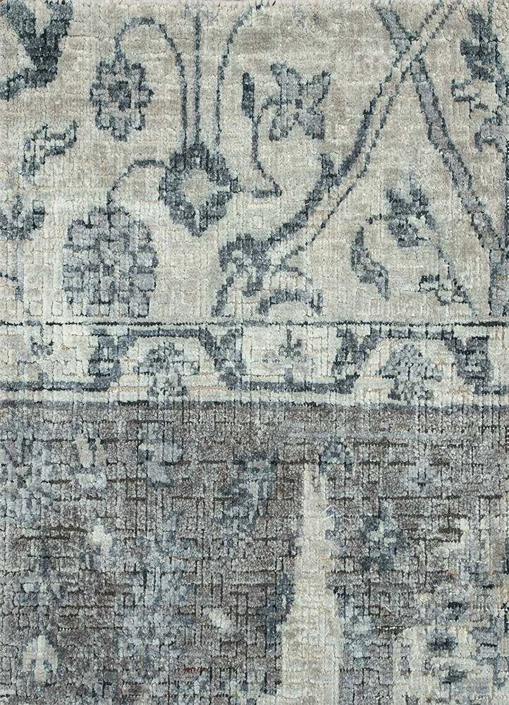 far east grey and black wool and silk Hand Knotted Rug - HeadShot