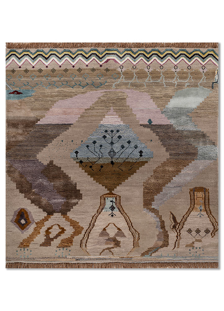 Pachrangi Patang beige and brown wool and bamboo silk Hand Knotted Rug
