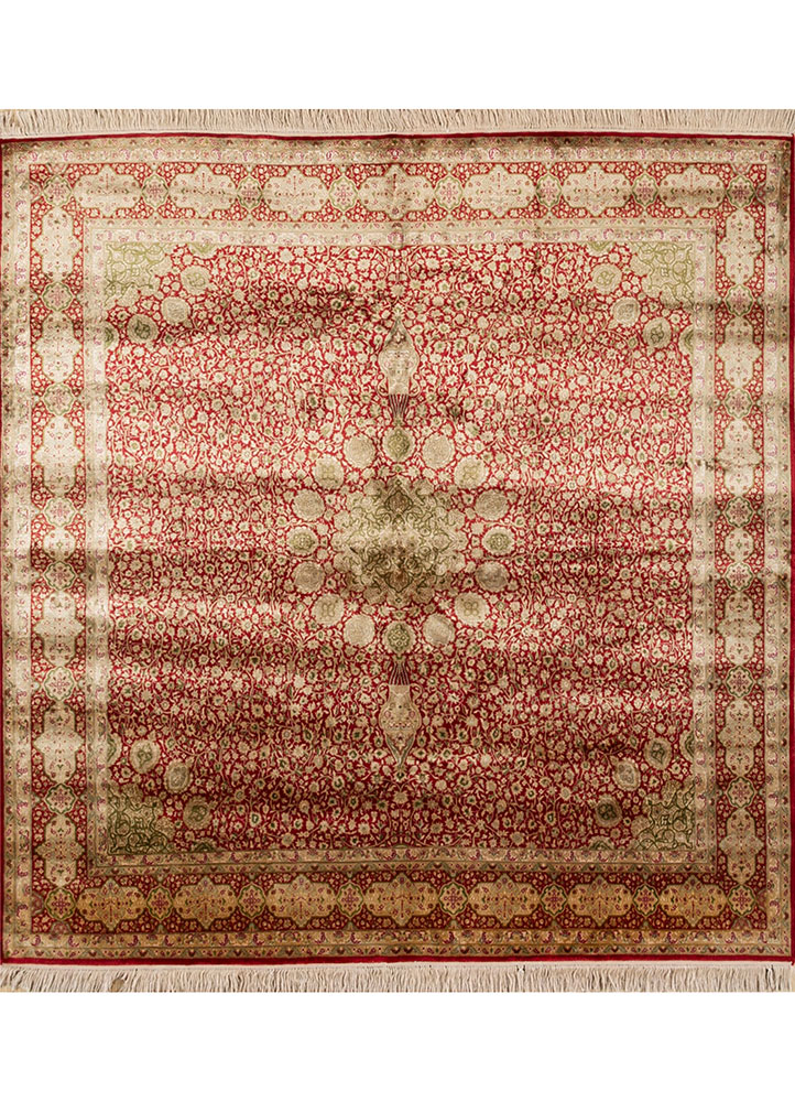 gulmarg red and orange silk Hand Knotted Rug - HeadShot