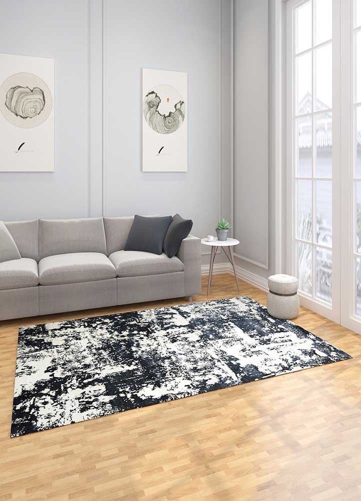 chaos theory by kavi grey and black wool and bamboo silk Hand Knotted Rug - Loom