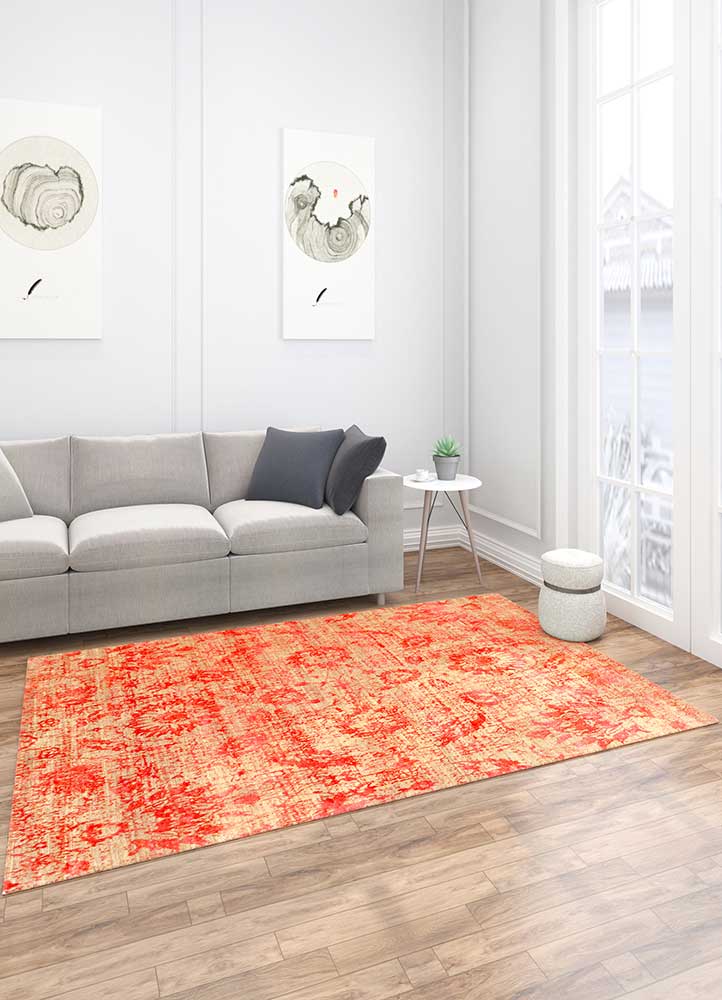 chaos theory by kavi red and orange wool and bamboo silk Hand Knotted Rug - Loom