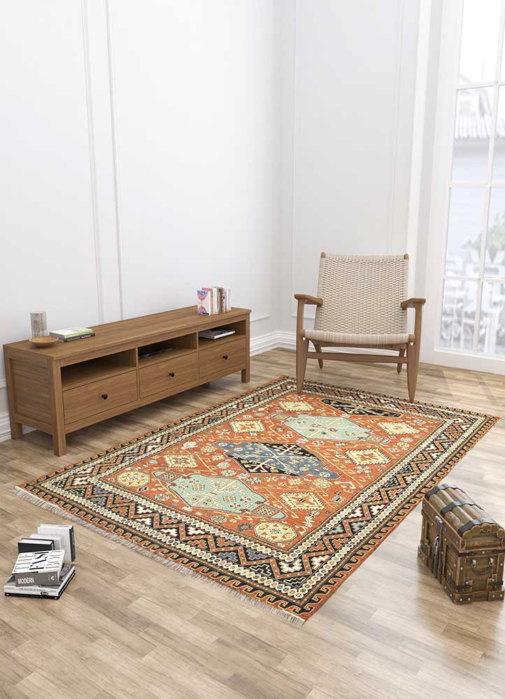 savana red and orange wool Hand Knotted Rug - Loom