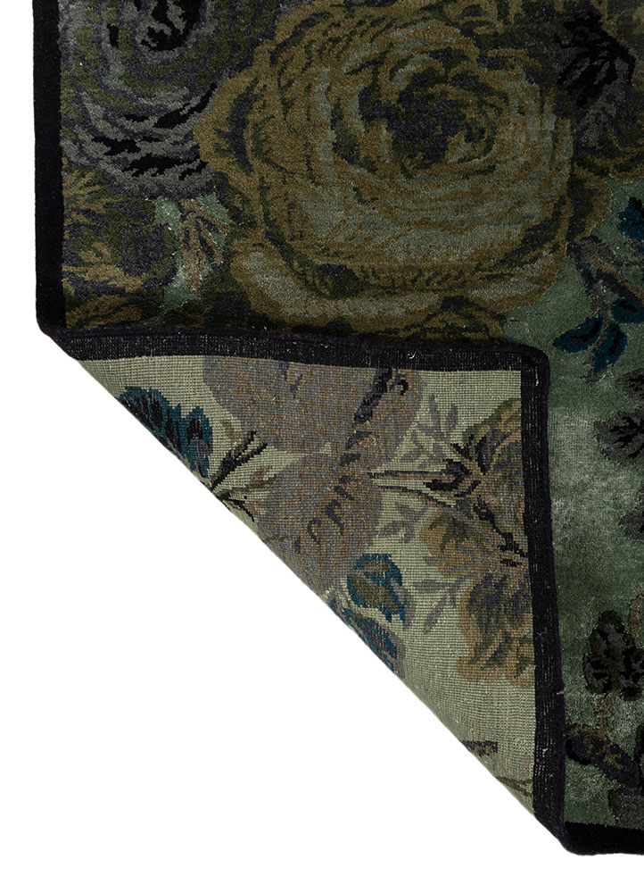 gilded age green wool and bamboo silk Hand Knotted Rug - Perspective