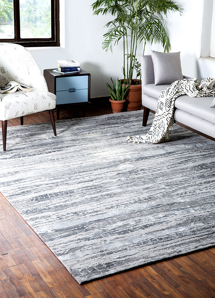 chaos theory by kavi grey and black wool and bamboo silk Hand Knotted Rug - RoomScene