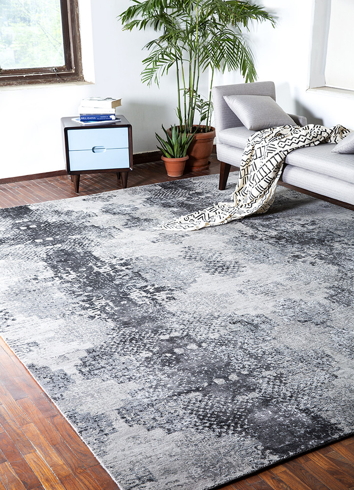 chaos theory by kavi grey and black wool and bamboo silk Hand Knotted Rug - RoomScene