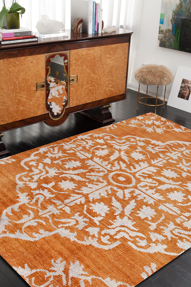 clan red and orange wool and viscose Hand Knotted Rug - RoomScene